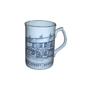 A bone china mug showing Bushey's medieval high street.