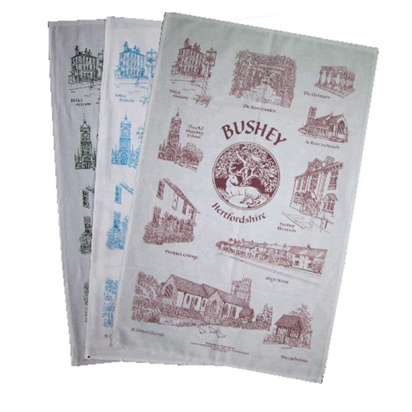 A set of three tea towels featuring Hazel Beney designs of Bushey.