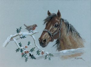 'A Pony looking at a Robin on Holly' by Mabel Gear