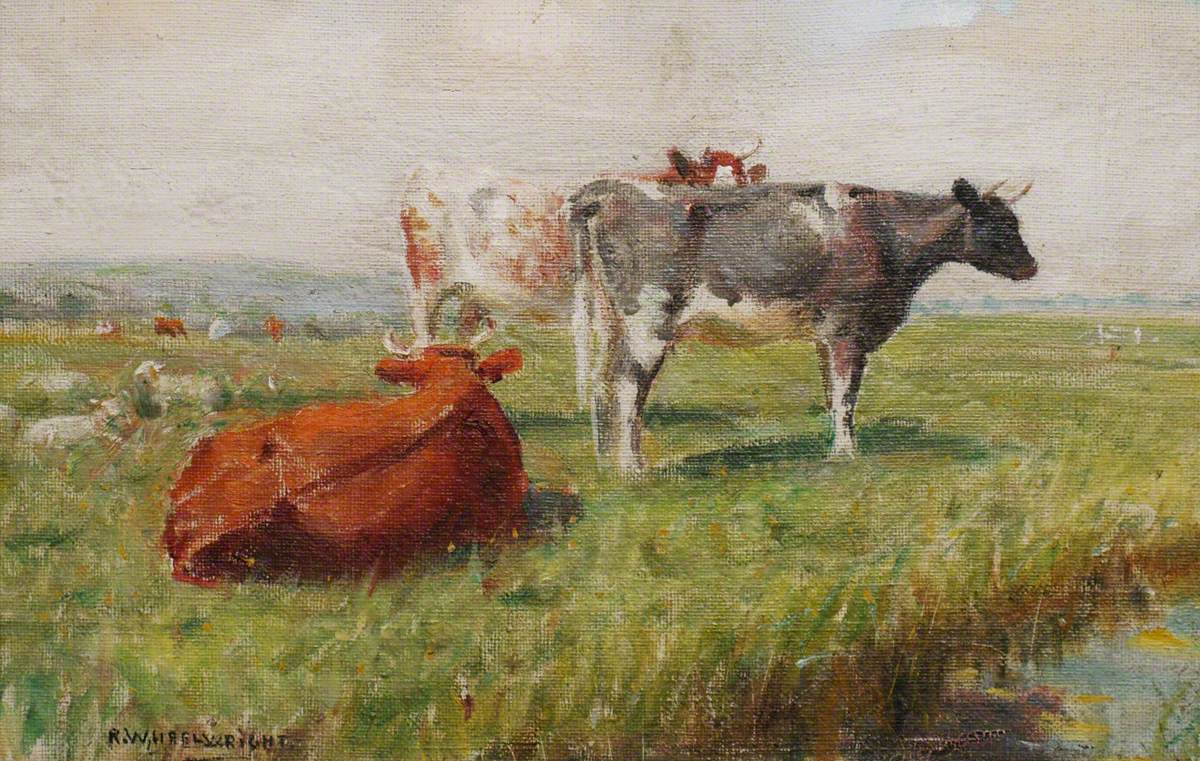  Cows and Sheep in a Water Meadow by Rowland Wheelwright