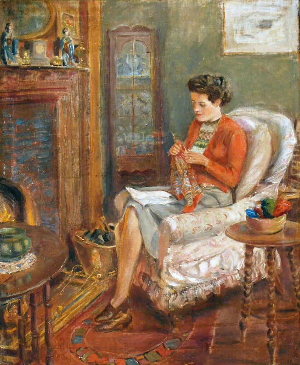 Irene Knitting in an Easy Chair by Rowland Wheelwright