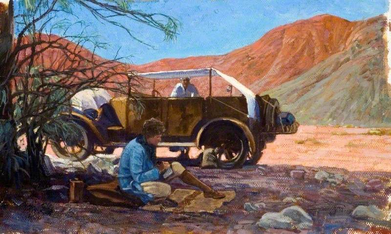 Amice Calverly Sitting Writing or Sketching with Joey, Their Expedition Car and Their Egyptian Servant