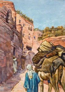 Arab Leading a Camel up a Steep Village Street