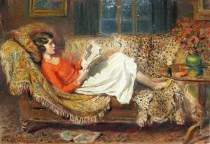 Irene Reading on a Chesterfield by Rowland Wheelwright